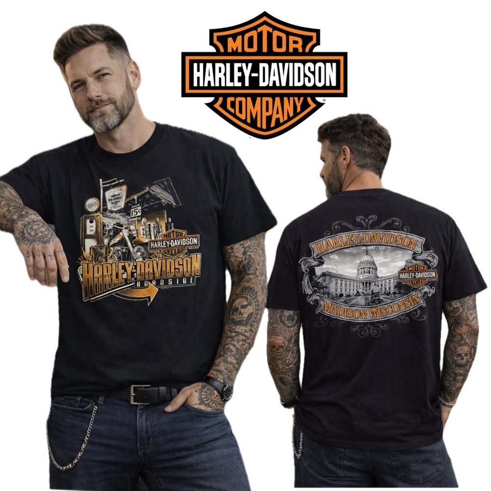 Harley-Davidson Black Short Sleeve Tee with Orange & White Graphics